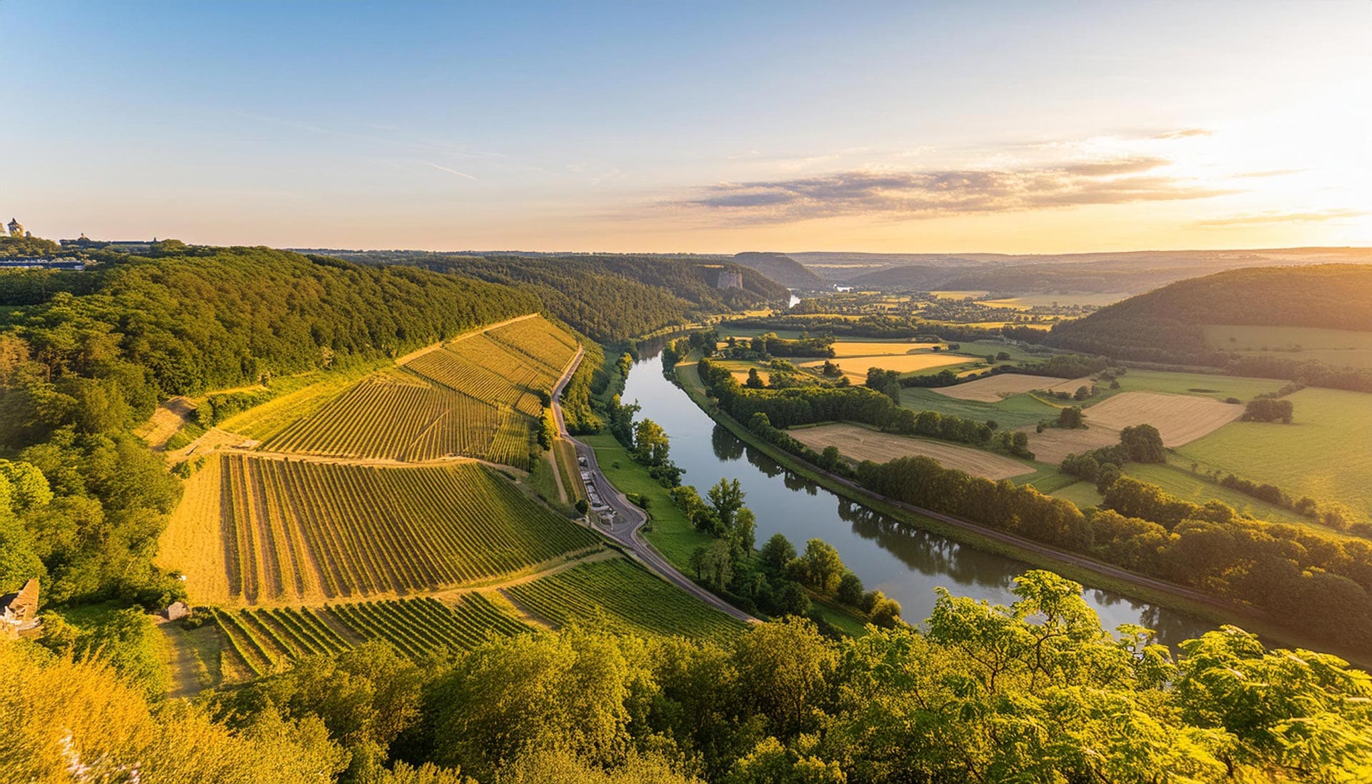 Luxembourg countryside aerial view at golden hour